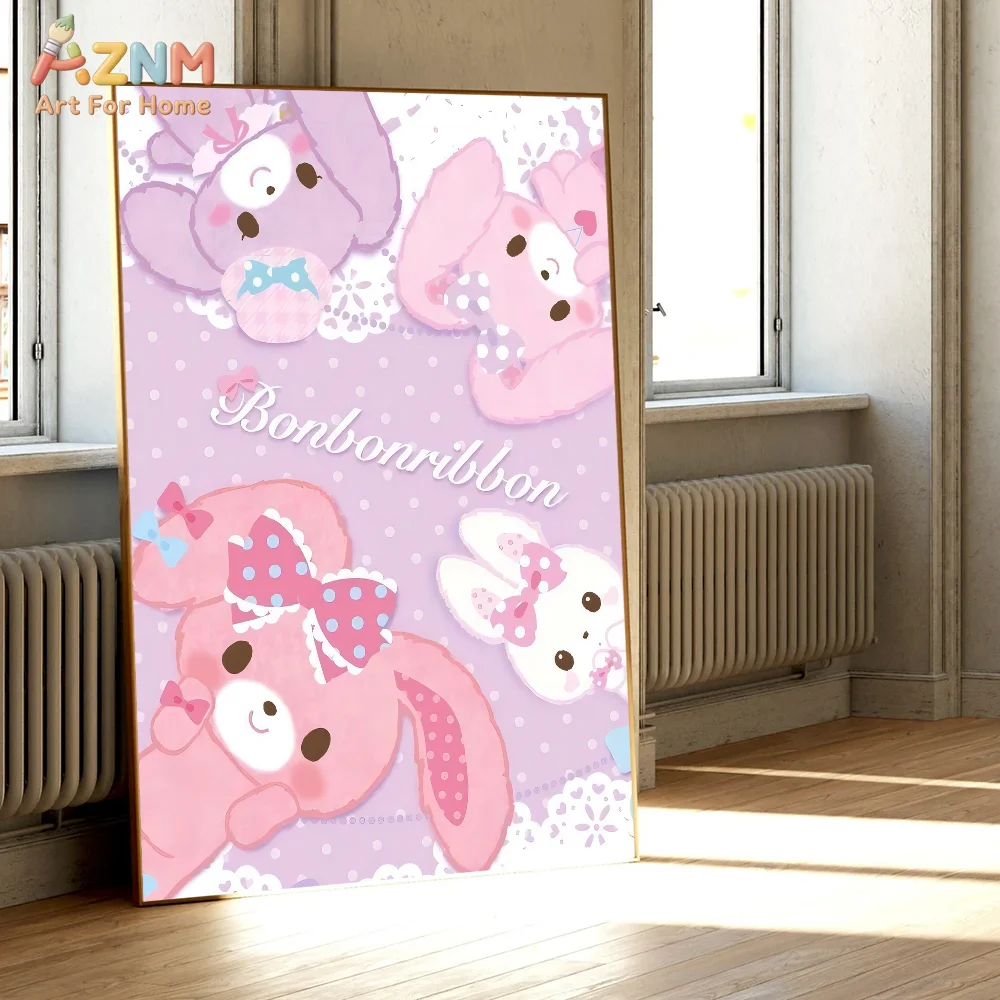 AZNM Sugarbunnies Bonbonribbon Pink Cute Rabbit Cartoon Canvas Wall Art Unframed Girls Room Decor Poster