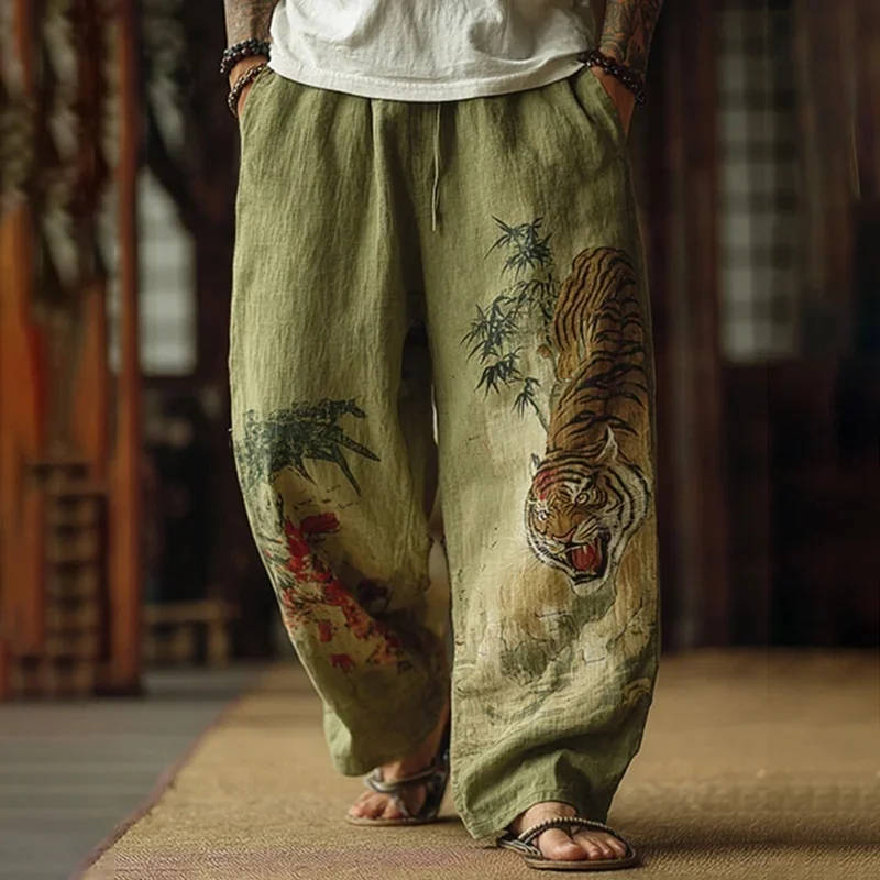 

Men's retro tiger downhill 3D printed casual pants, drawstring straight leg pants, summer beach pants