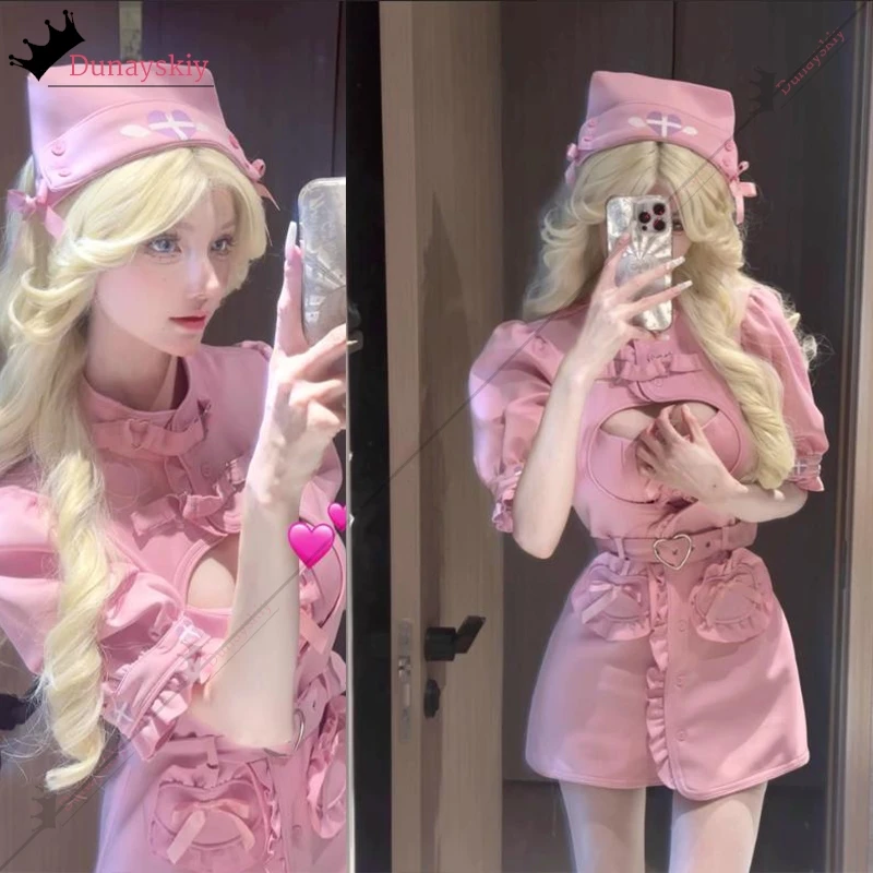 

Pink Sweet Nurse Halloween Cospaly Costume Nurse Short Sleeve Slim Love Hollow Shirt Dress Bra Gloves Suits Disguise for Women
