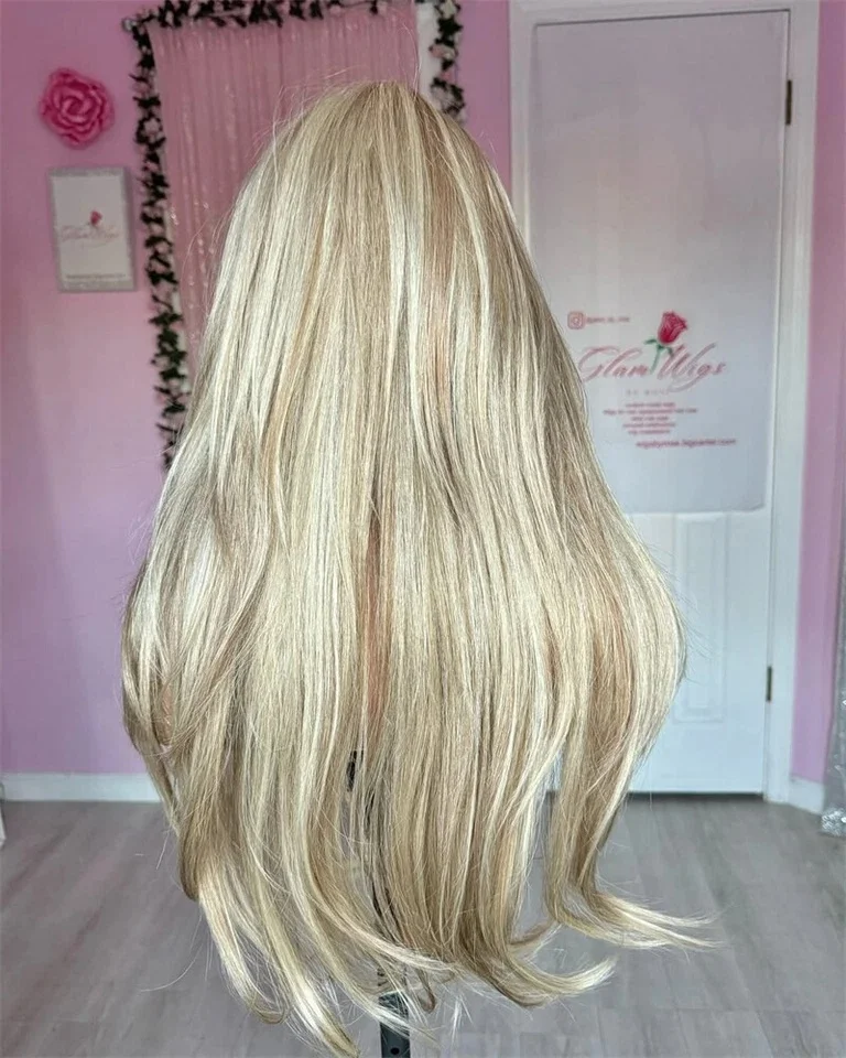 شعر مستعار نسائي 26 بوصة شعر مستعار أشقر فاتح مع طبقة الانفجارات موجة طبيعية الاصطناعية الدانتيل الباروكات رقيق اليومية حفلة تأثيري المستخدمة #5