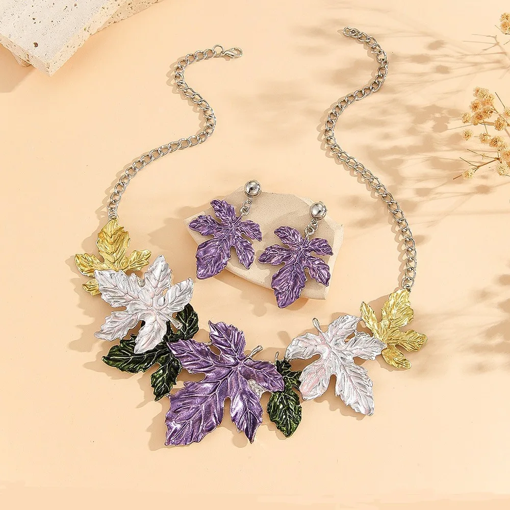 Purple Maple Leaf Painted Oil Alloy Necklace Set Accessories Vintage Versatile Exaggerated Leaf Ladies Necklace