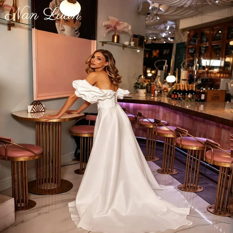 26 Styles Off Shoulder Puff Sleeve Satin A Line Wedding Dress High Slit Chapel Train Vestidos de Novia Customized