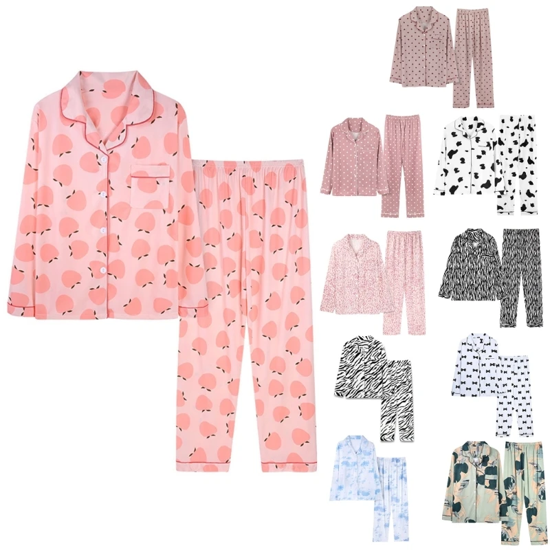 Colorful Printed Pajamas for Women Long Sleeve Sleepwear Lapel Button Down Shirts with Loose Pants Home Loungewear Set