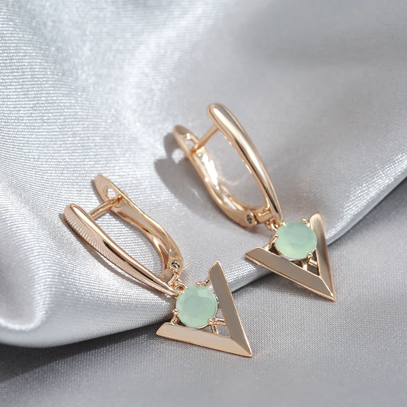 SYOUJYO 585 Rose Gold Color Triangle Drop Earring Emerald Green Natural Zircon Fine Jewelry Elegant Luxury Long English Earrings