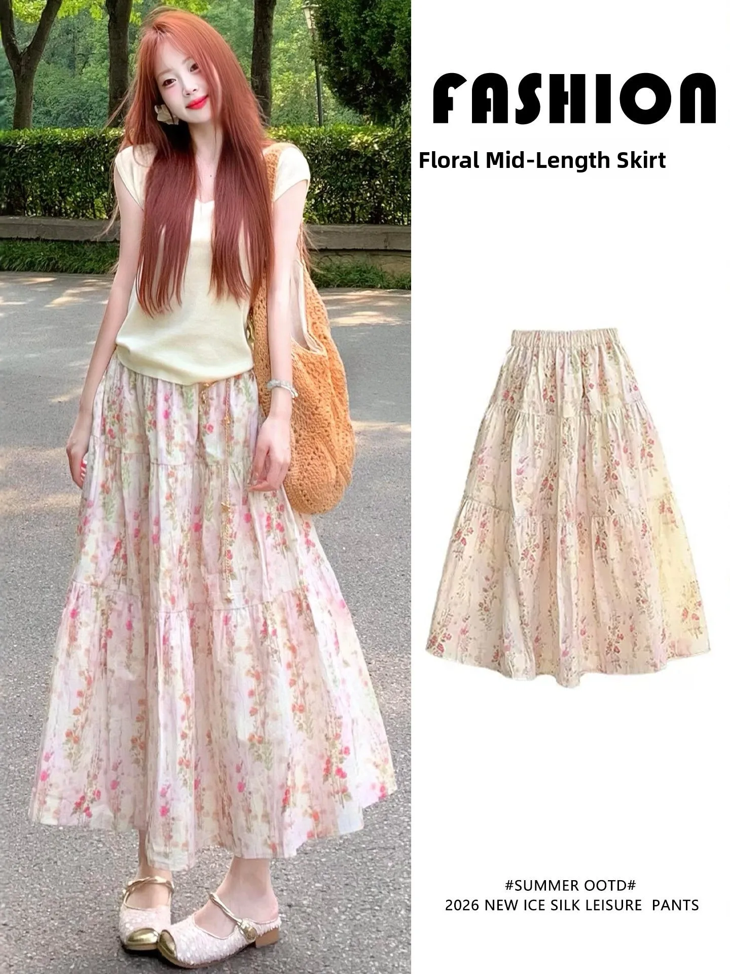 

plus Size Women's Pink Floral A-Line Skirt High Waist Slimming Summer Midi Cake Skirt Casual Commute Style Pear Bo...
