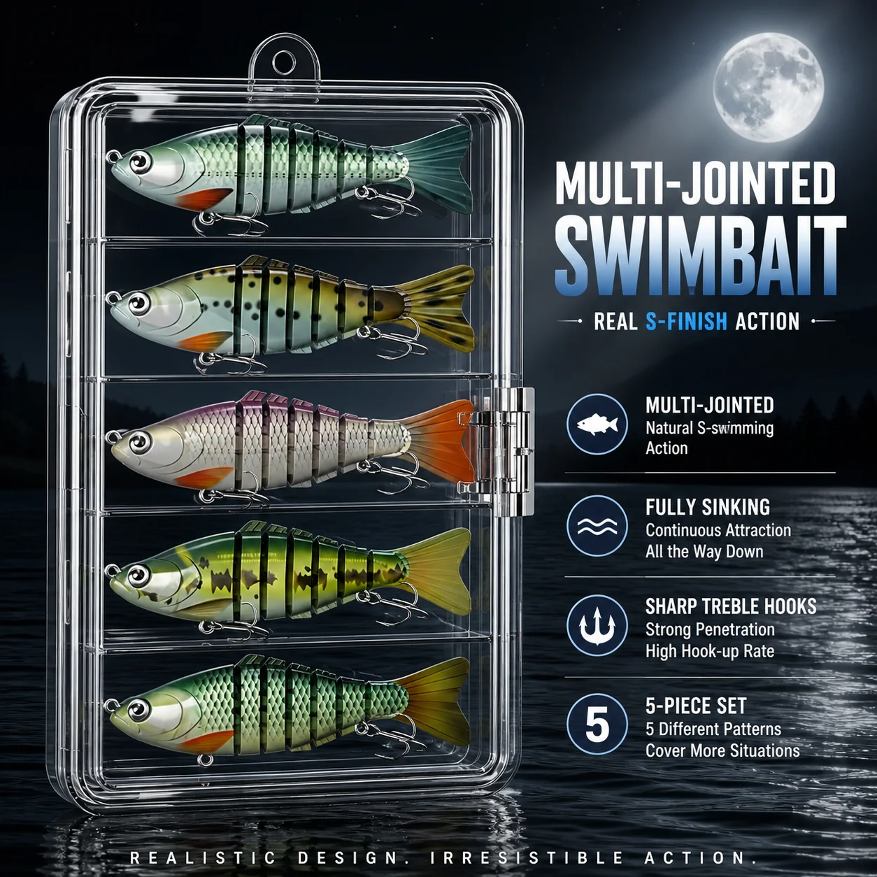 5 Pcs Full Sinking Multi Jointed Swimbaits Realistic Lure S Shaped Swimming Sharp Triangle Hooks Storage Box for Trout