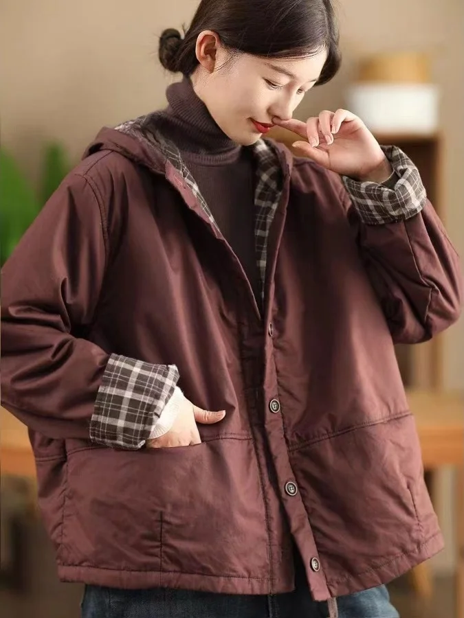 

Thiened Хлопковое пальто с капюшоном, однотонное повседневное женское зимнее пальто с внутренней стороны, теплая ветровка большого размера, верхняя одежда