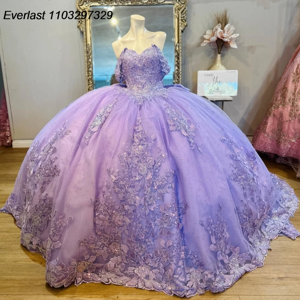 

Блестящее Сиреневое платье EVLAST для Quinceanera, бальное платье, Цветочная Кружевная аппликация, украшенная бисером, милое 16 платье для 15 лет TQD990