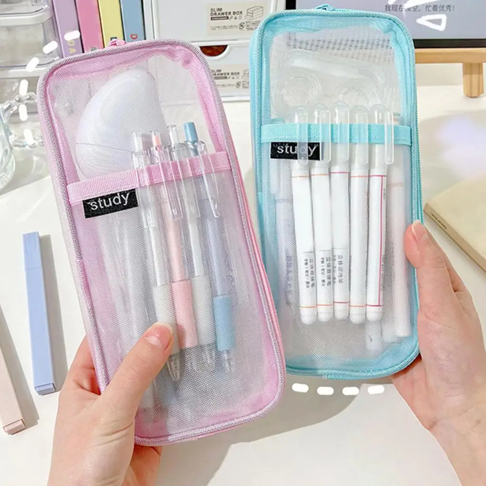 Transparent Mesh Pencil Case Transparent Stationery Holder Breathable Mesh Fabric Pencil Case with Transparent for Organized