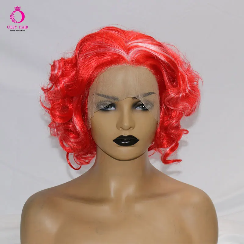 

OLEY White Lace Synthetic Monroe Lace Front Wig Heat Resistant Fiber Red Wig For White Women 10 Inch Body Wavy Cosplay Perruque