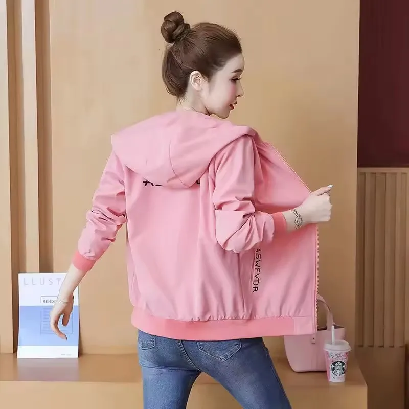 

Spring Loose Women Jacket Casual Pocket Long Sleeved Windbreaker 2025 New Female Zipper Hooded Coats Woman Outerwear Gabardina
