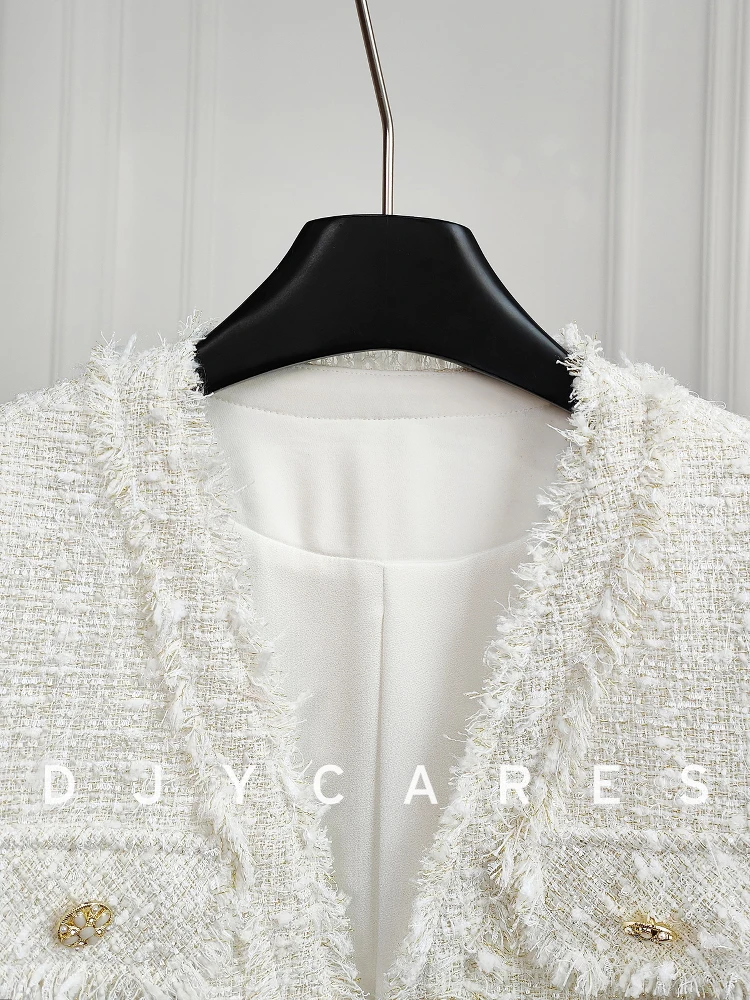 New V-neck double breasted white jacket with versatile tassel edge top big  size