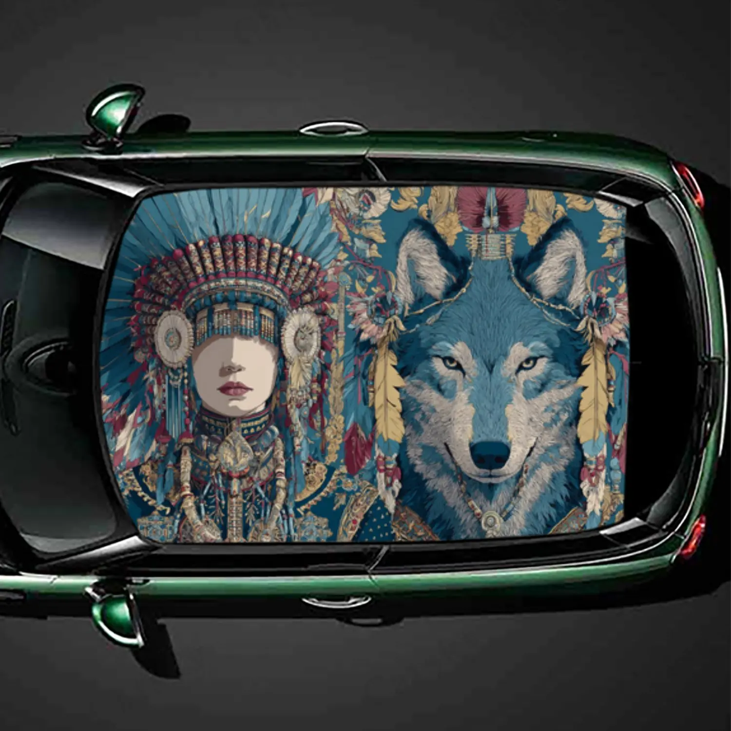 

Классический этнический стиль «Женщина и волк», виниловая наклейка на крышу автомобиля, автонаклейка, художественное украшение автомобиля, самоклеящаяся водонепроницаемая наклейка