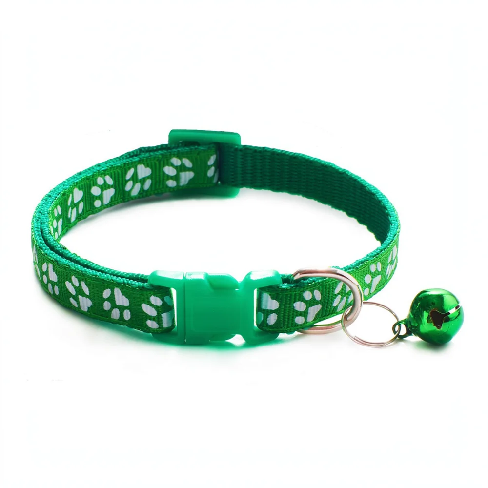 Adjustable Nylon Pet Collar Paw Print Design Bell Included Cat Puppy Small Dog Neck Belt Fashionable Casual Pet Accessories