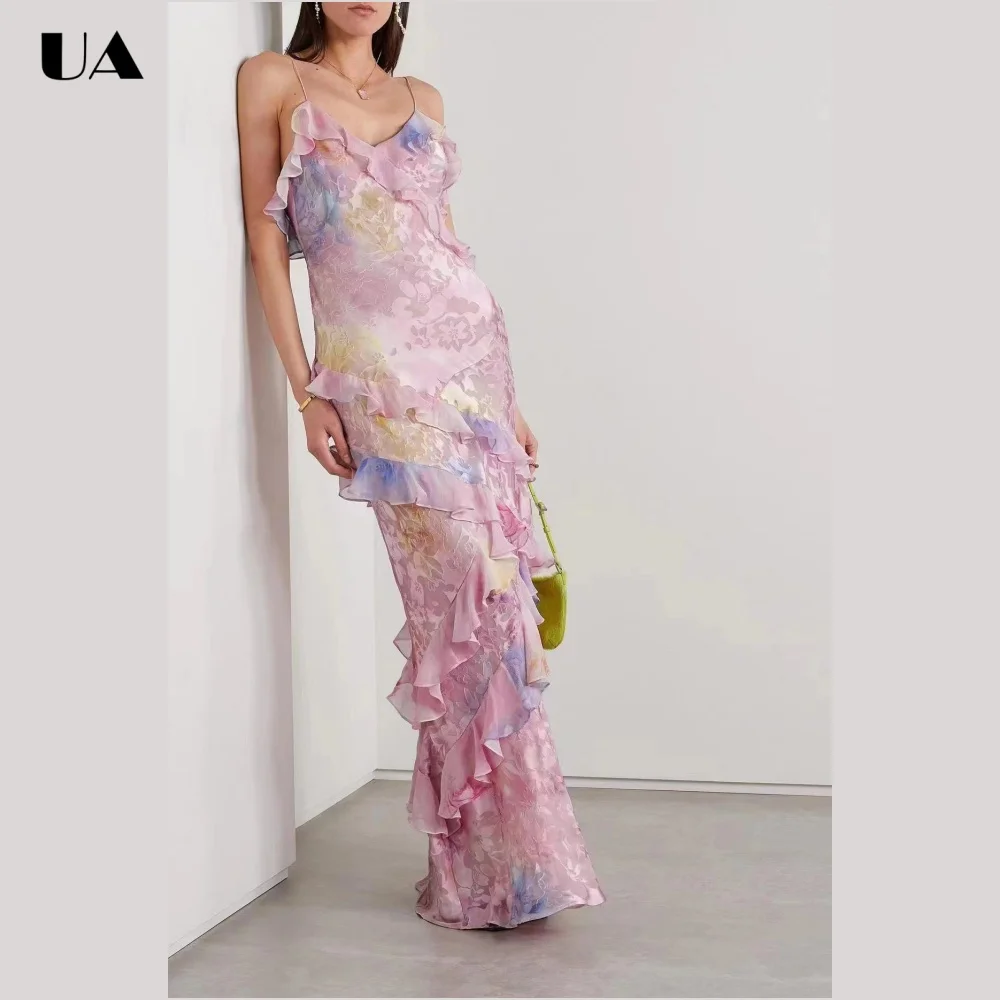 

Summer New Printed Ruffled Maxi Dresses for Women, Sexy Backless Long Dress with Spaghetti Straps, Fashionable V-neck Dress