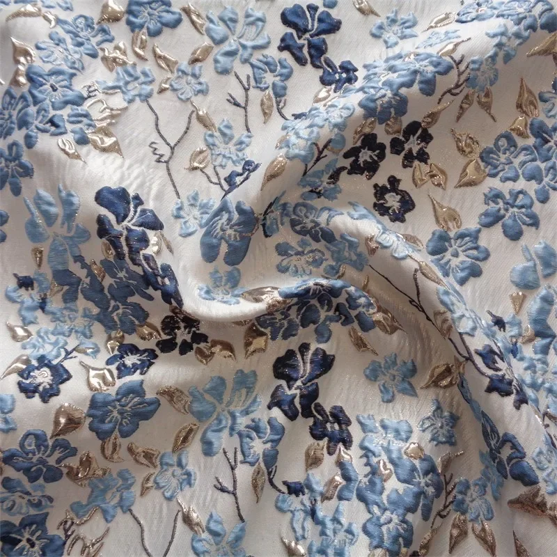 Embossed Jacquard Fabric Brocade blue Gold Floral Design Sewing Material Sofa Cheongsam Dress Garment Fabric 140cm Sold By Meter