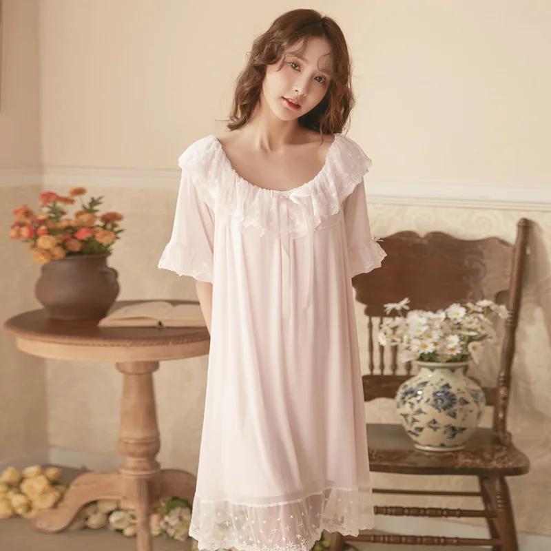 

Modal Mesh Sleepwear Night Wear Women's U-neck Short Sleeved Nightgown Lace Princess Court Style Sleepshirts Nightgown for Women