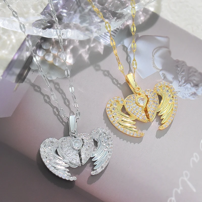 Titanium Steel Love Necklace for Women\'s Advanced Creative Versatile Opening and Closing Angel Wings Pendant Jewelry