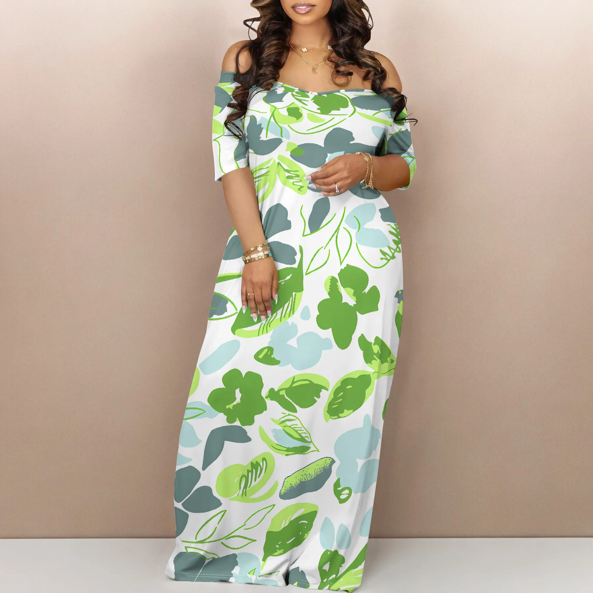 

Summer Off Shoulder Dress with Pockets Women Long Floral Print Short Sleeve Dress
