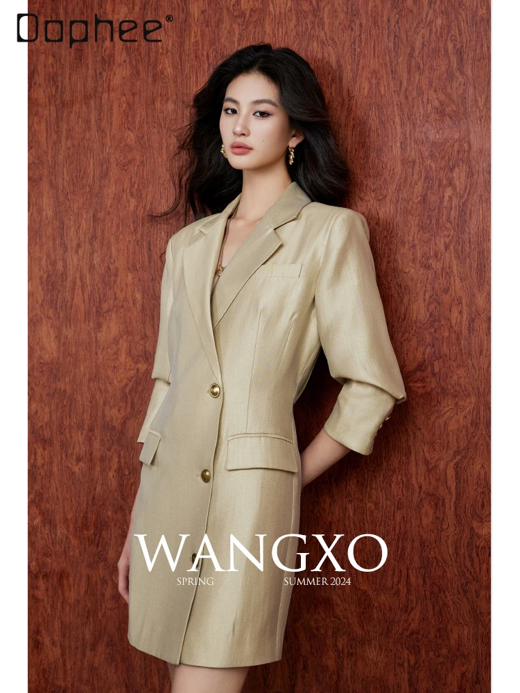 Tessuto intrecciato navetta di seta dorata Risvolto lucido Manica a sette quarti Abito monopetto Abito da pendolare Temperamento Abito alla moda