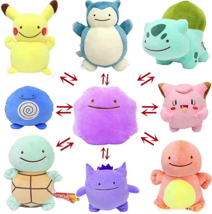 Pokemon Anime 25cm Ditto como Pikachu Charmander Bulbasaur Squirtle Snorlax Clefairy Poliwag Gengar Lapras juguetes de peluche suaves y lindos