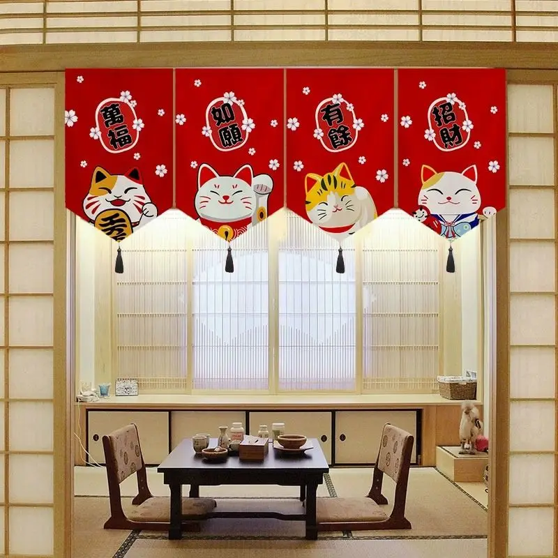 VIKAMA Japanese Lucky Cat Hanging Curtain Banner, Maneki Neko Gold Fortune Flag with Tassel for Restaurant Entrance & Sushi Bar