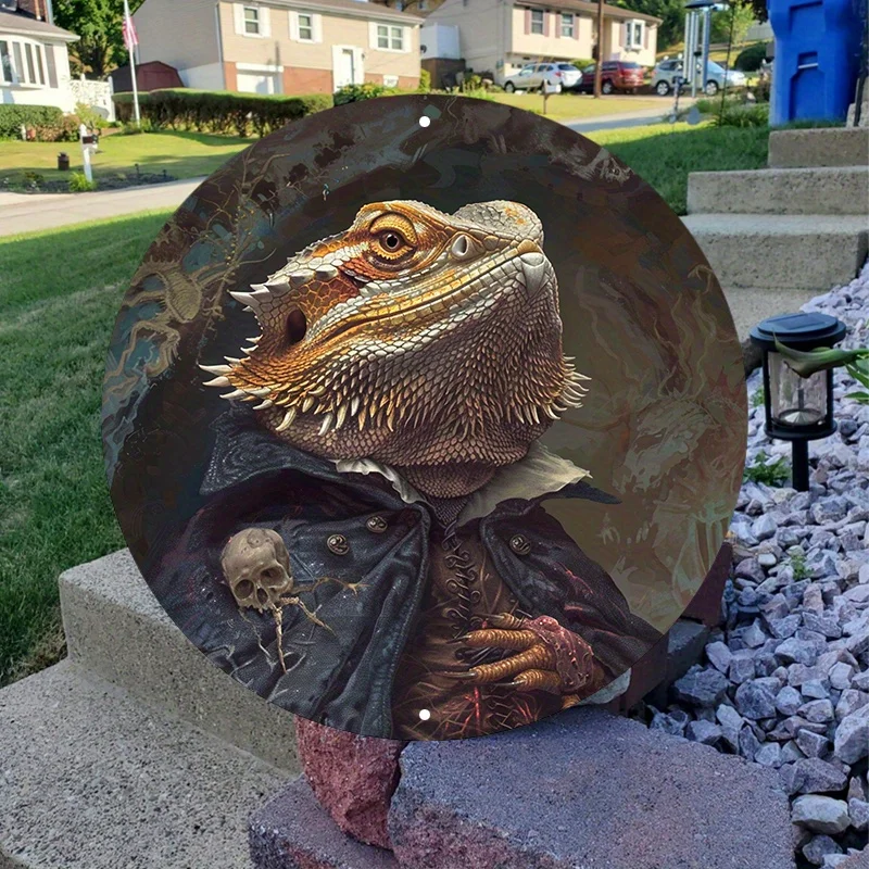 Bearded Dragon Lizard Circular Metal Sign, Decorative Aluminum Wall Art, Waterproof and Weather-Resistant, for Pet Lovers