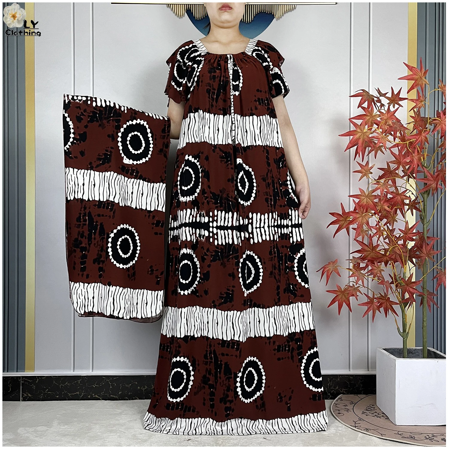 

2026 African Dashiki women Dress Kaftan Abaya Cotton Boat-neck Floral Dress Short Sleeve Loose Women Casual Dress with Scarf