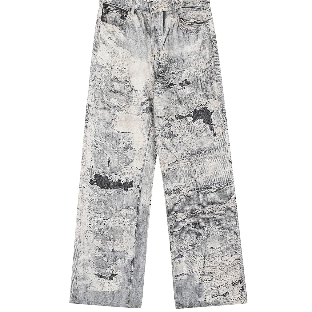 Retro Vintage Oil Paint Graffiti Tie Dye Ink Splatter Baggy Jeans for Men and Women Ripped Casual Wide Leg Denim Trousres