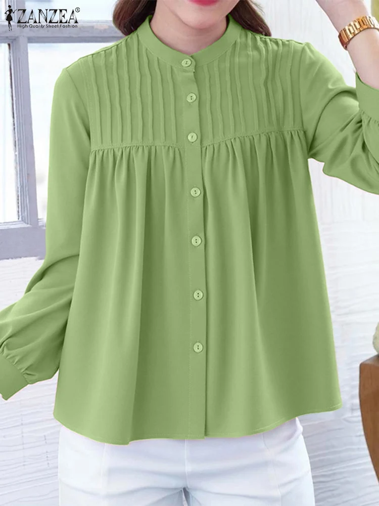 ZANZEA Vintage Blusas Frauen Shirts Solide Plissee Tops Herbst Langarm O Neck Tuniken 2025, Tasten Beiläufige Lose Strickjacken