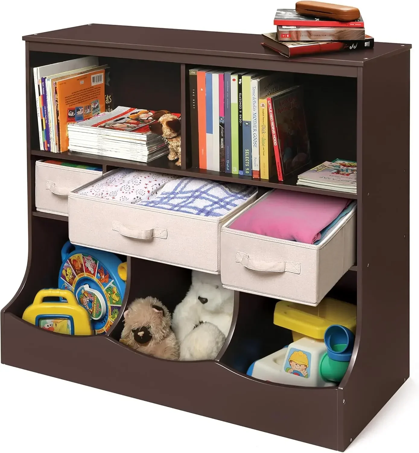 Basket Combo Bin Toy Storage Unit and Book Shelf for Kids with 3 Baskets - Espresso