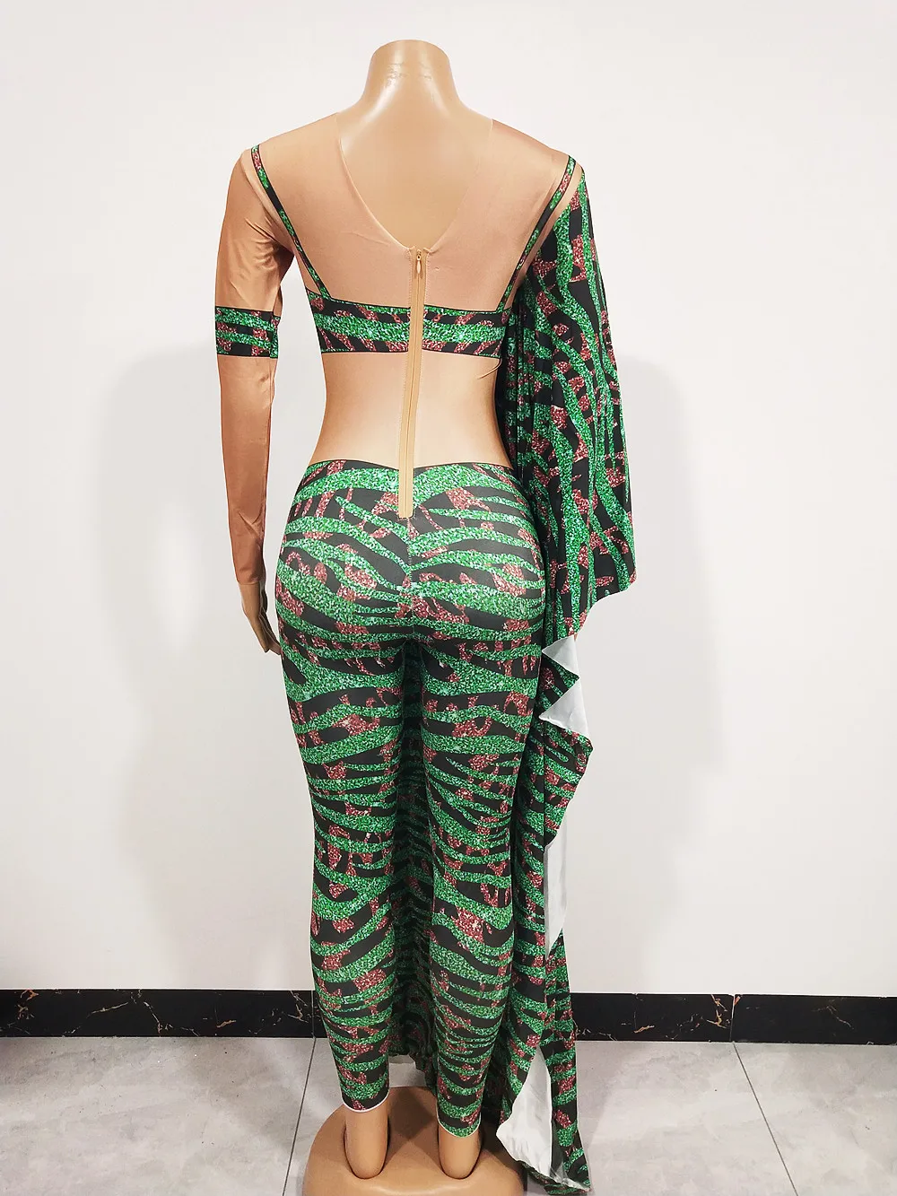 Macacão de manga única com estampa de leopardo, dançarina, cantora, performance de palco, festival, festa, show, bar, boate