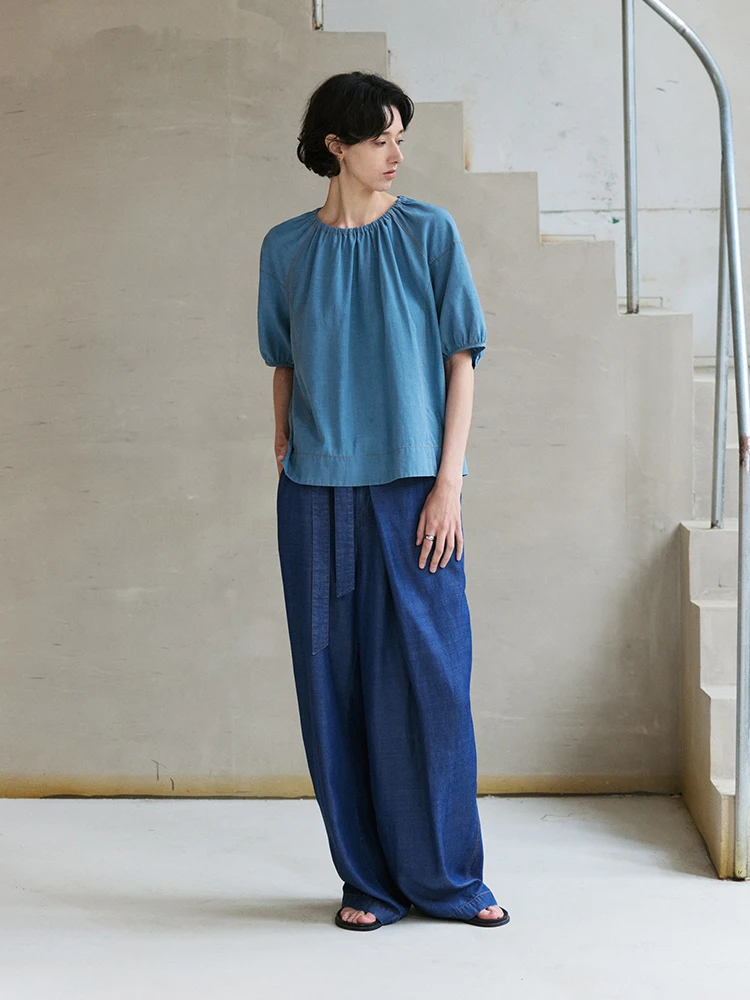 

Semicircle Vintage Summer Casual Pants Women's Loose Fit Denim Blue Draped Linen Blend Long Trousers