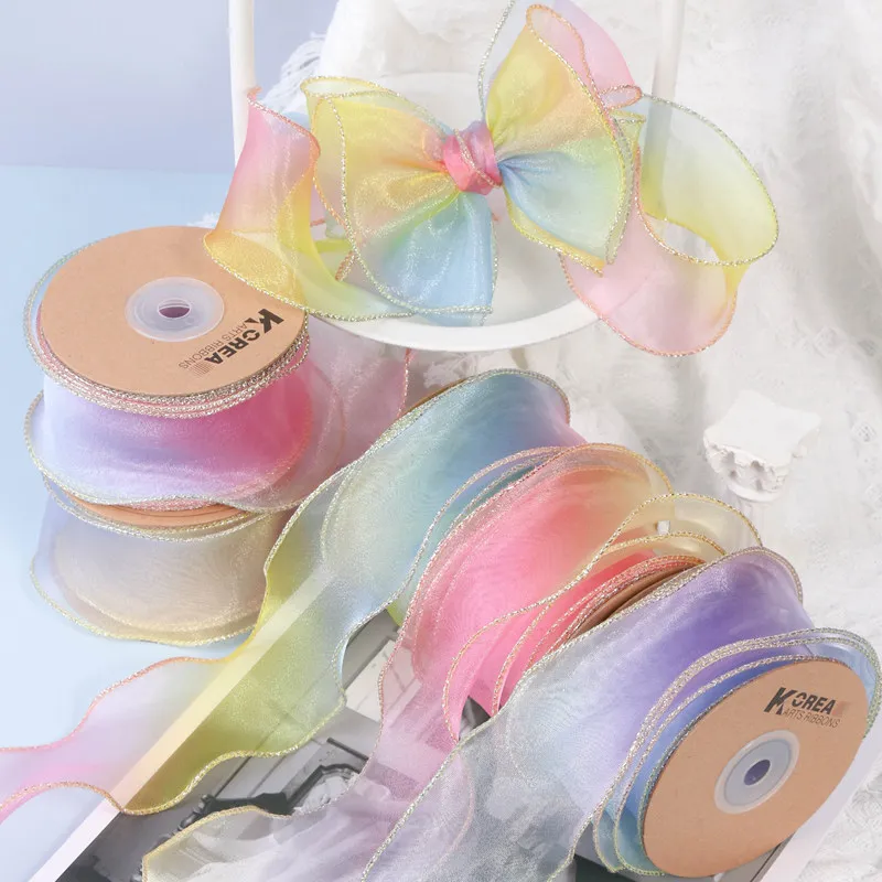 50mm Rainbow Gradient Curling Ribbon Gold Edges Hair Bow Mesh Organza Wide Tulle Pink DIY Handmade Craft Ornament Gift Wrap