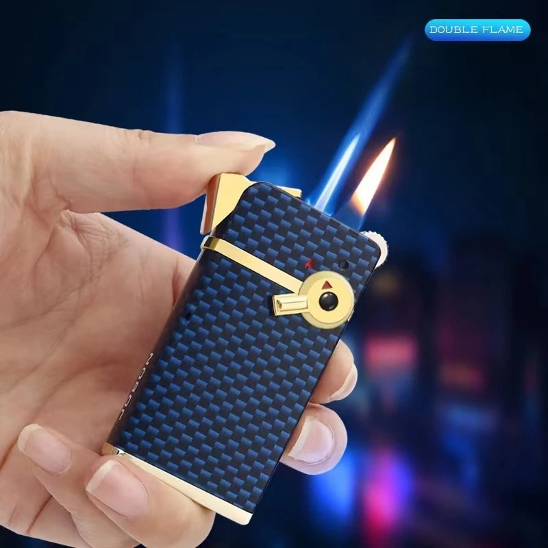 JOBON Dual Flame Butane Gas Lighter Metal Outdoor Windproof Blue Flame Turbo Jet Cycle Use Flame Size Adjustment Cigar Lighter