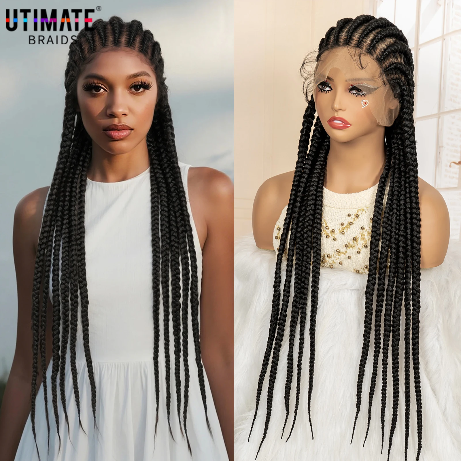 

32 Inches Cornrow Braided Wigs Synthetic Full Lace African Hair Wig Lace Frontal Knotless Box Braids Wigs for Black Women