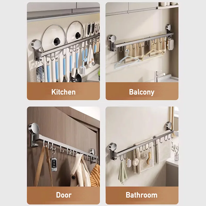 Wall Mounted Kitchen Hook Rack No-Punching Wall Hangers Rail Kitchen Utensils Rack Spoon Shovel Chopping Board Storage Rack