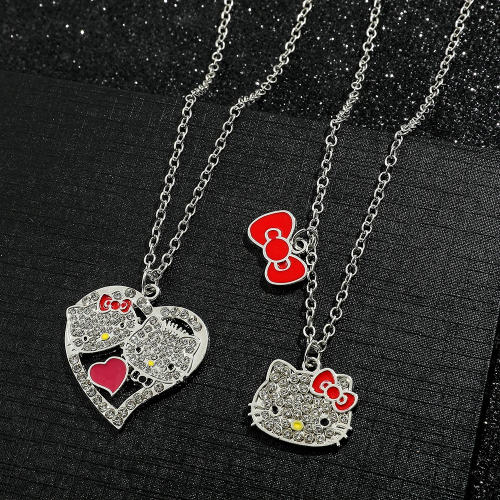 Korean Sanrio Necklace Silver Color Hello Kitty Heart Pendant Clavicle Chain Necklace Elegant Charm for Women Accessories Gifts