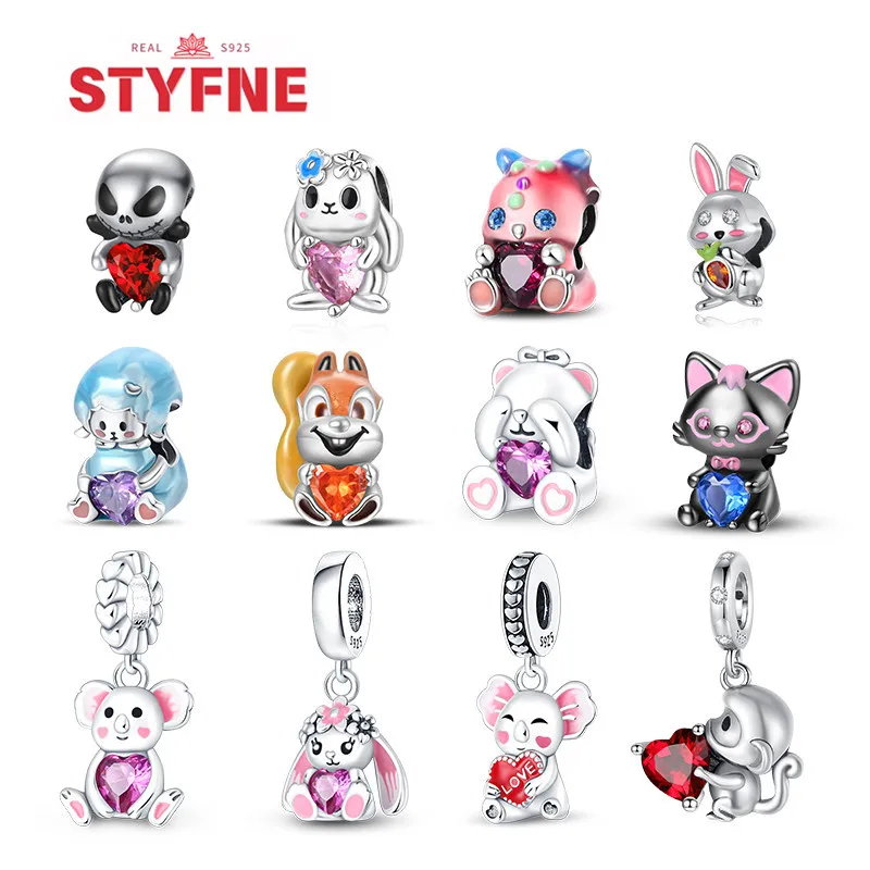 Lovely 925 Sterling Silver Kitty Rabbit Cute Animal Heart Charm Pendant Fit Pandora Bracelet DIY Fine Jewelry Gifts for Women