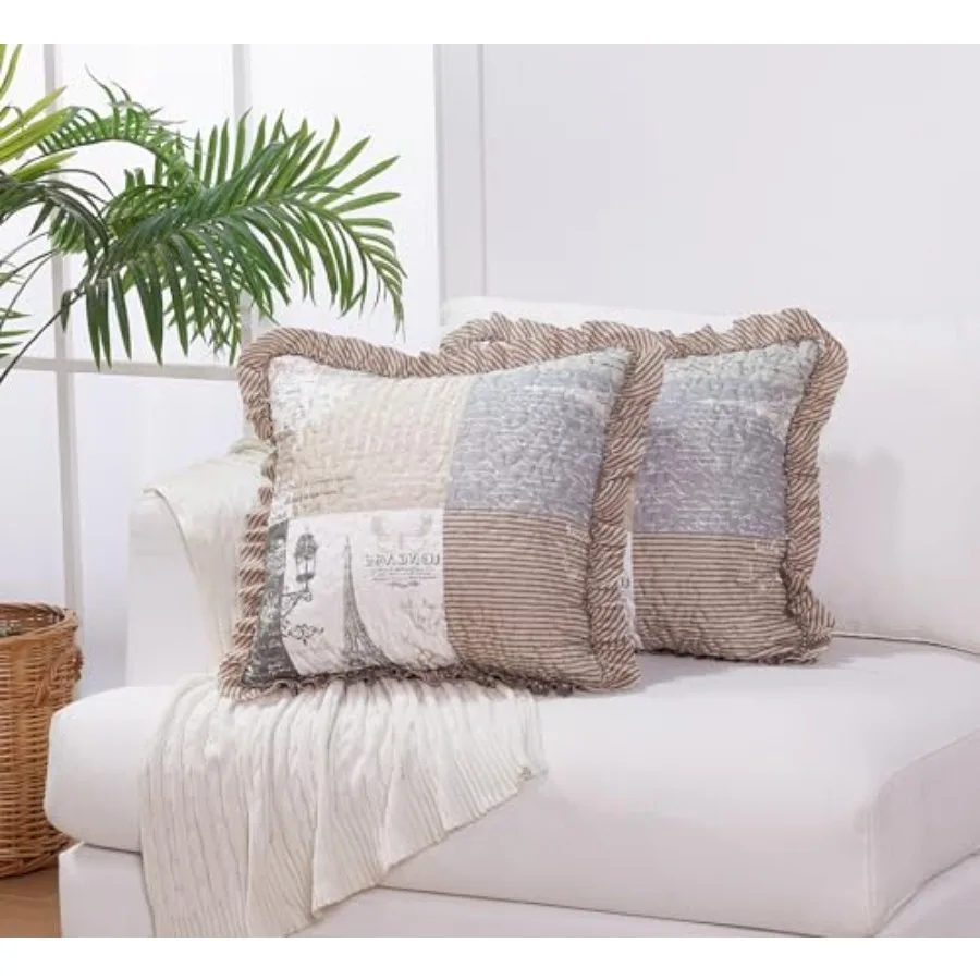 

Paris and Toile Floral Patchwork Ruffle Pillowshams, Quilted Decorative Pillow Covers Set, Square Throw Cushion Cases for Couch