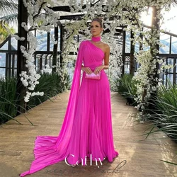 Cathy Fuchsia One Cape Sleeve Customized Vestidos De Noche Pleated Fabric Prom Dress 2024 Sexy Chiffion A-line فساتين السهرة