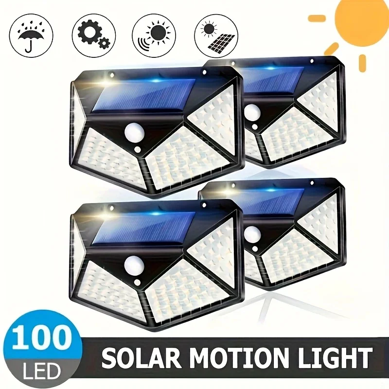 

1/2/4PCS New Solar Lights Outdoor Wall Lamp PIR Motion Sensor 100LED Solar Powered Sunlight Street Light for Garden Courtyard