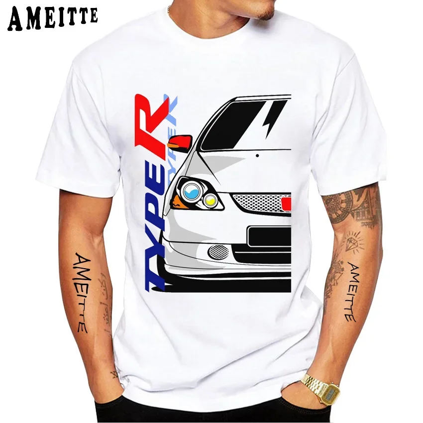 Civic Type R Front Face Design Funny T-Shirt Men Short Sleeve Vintage Hip Hop Boy Casual Tops JDM Car Classic Fan White Tees