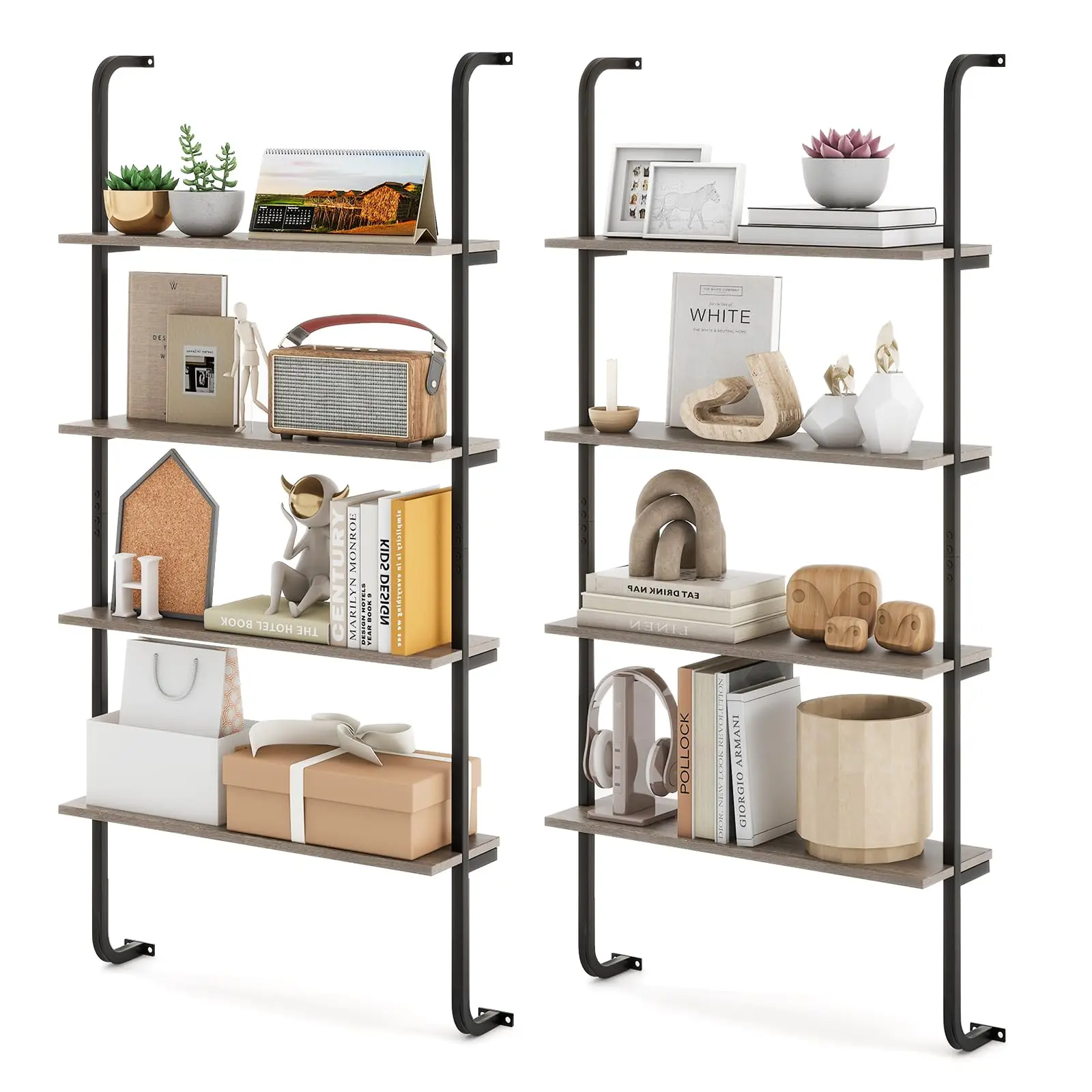 

4-Tier Industrial Wall Mounted Pipe Shelving Unit Floating Bookshelf With Metal Frame Wood Ladder Shelf For Living Room