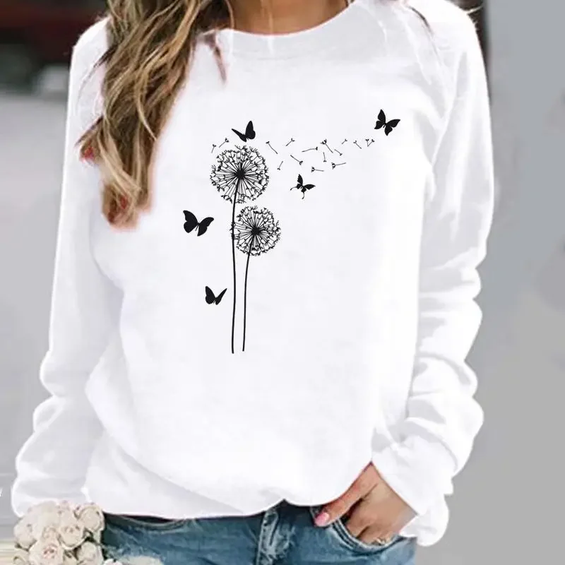 Europe and United States Butterfly Dandelion Print Pattern Crewneck Hoodie Top Sweatshirt  Streetwear Women  Clothes Sweatshirts