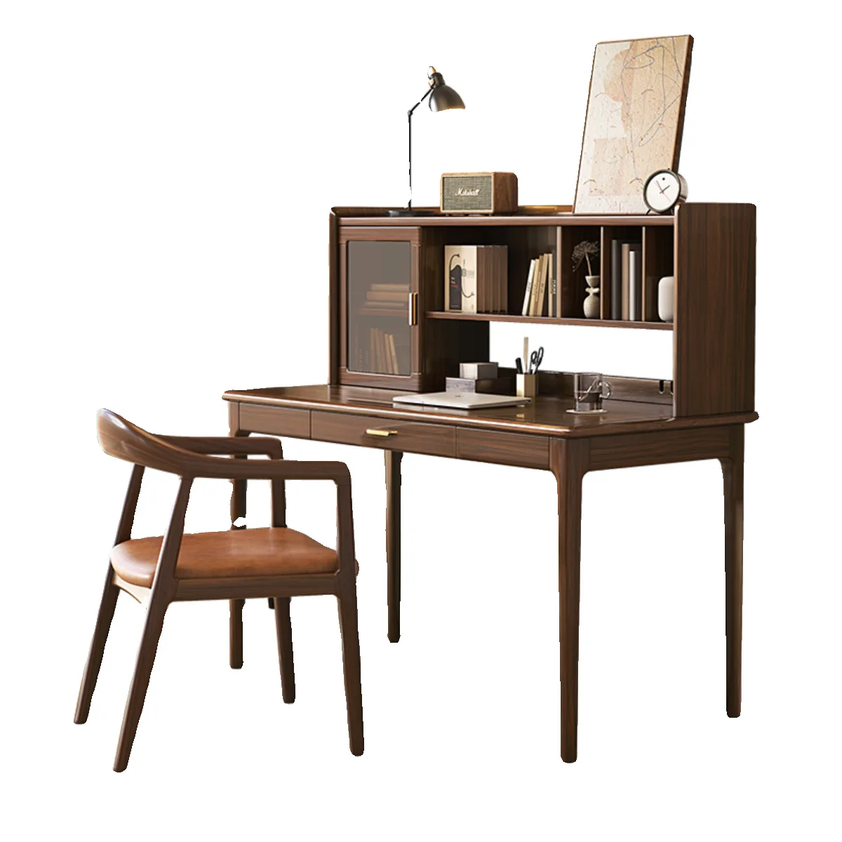 Meja kerja kayu walnut hitam bergaya Nordik simpel modern, kayu solid, untuk rumah, siswa, komputer, dengan rak buku