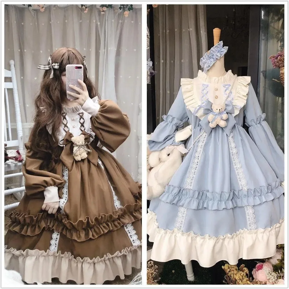 Plus ขนาด 4XL 150KG ญี่ปุ่นฤดูใบไม้ผลิ Lolita ผู้หญิง Kawaii โบว์หมีลูกไม้สีฟ้าชุดแขนยาวขนาดใหญ่ชุดเจ้าหญิง