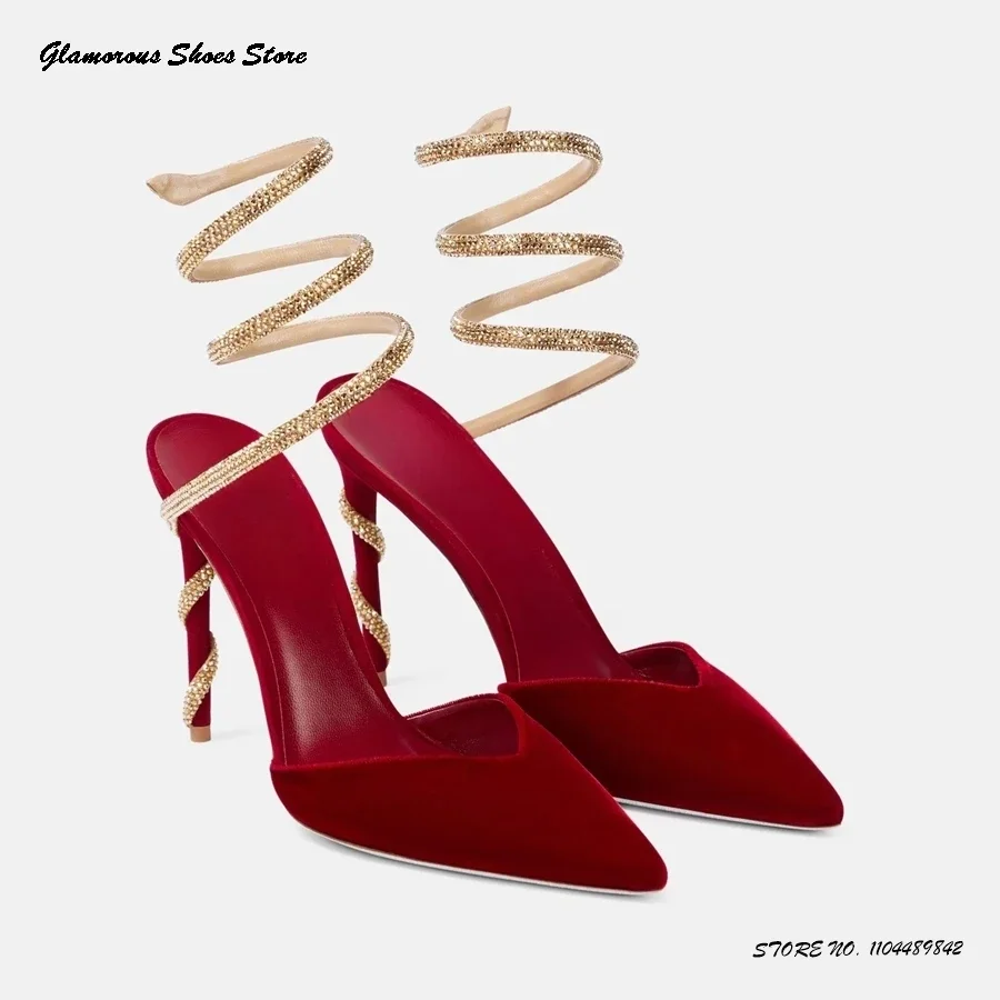 

Crystal-embellished Snake-strap Pumps Women's Pointed Toe Thin Heels Wedding Shoes Spring Summer Slip On Banquet Party Stilettos