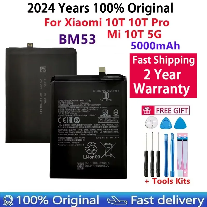 

2024 Years 100% Origina Replacement Battery BM53 For Xiaomi 10T 10T Pro Mi 10T 5000mAh BM53 Batteries Bateria+Fast Shipping