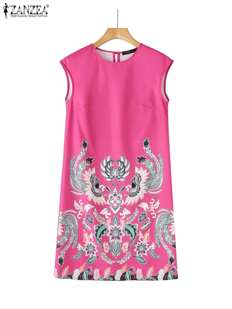 ZANZEA 2025 فستان نسائي صيفي عتيق بأكمام قصيرة فستان صيفي برقبة دائرية مطبوع عليه زهور فستان فضفاض غير رسمي بطول الركبة